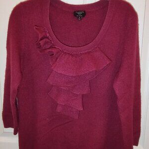 TALBOTS 100% CASHMERE SWEATER MERLOT 3/4 SLV RUFFLED FRONT MEDIUM PETITE